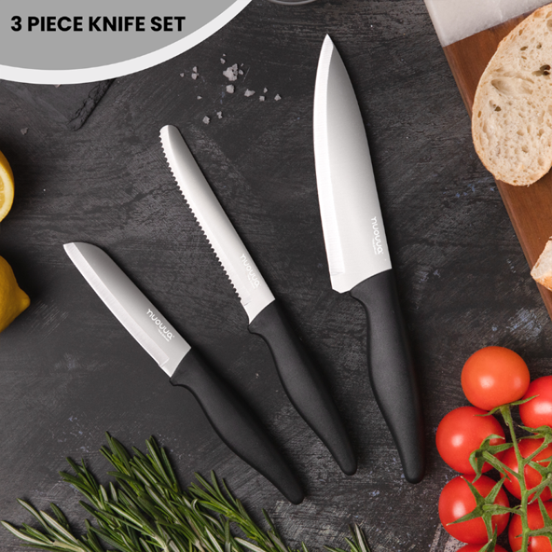 3-Piece Grey Stainless Steel Non-Stick Kitchen Knife Set, Nuovva