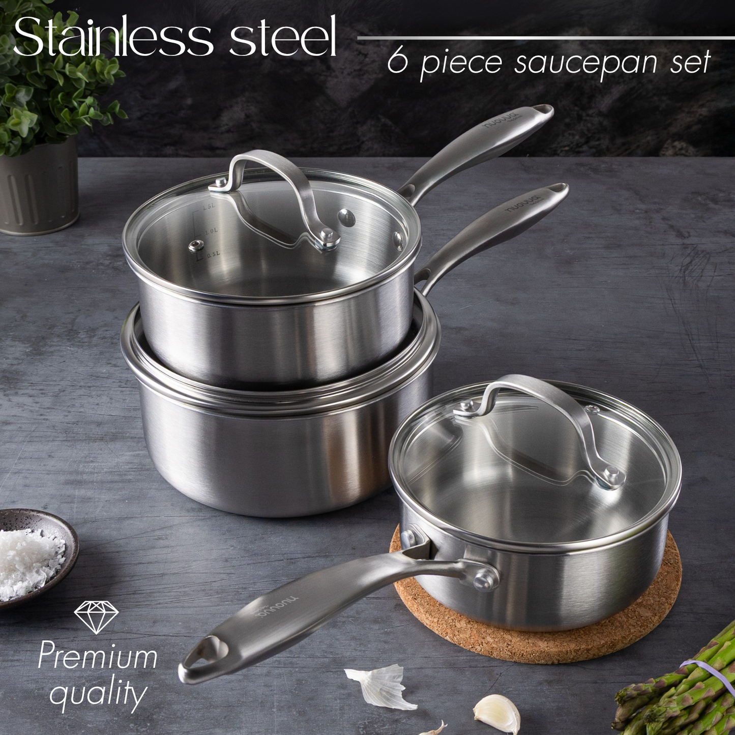 6-Piece Stainless Steel Saucepan Set with Glass Lids, Nuovva