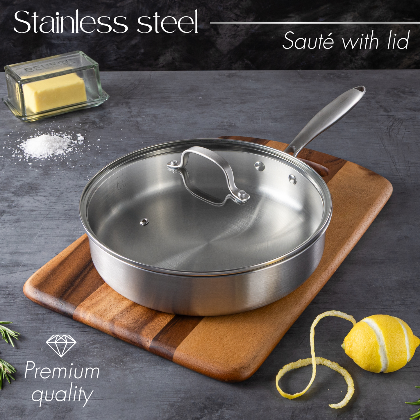 28cm Stainless Steel Sauté Pan with Glass Lid, Nuovva