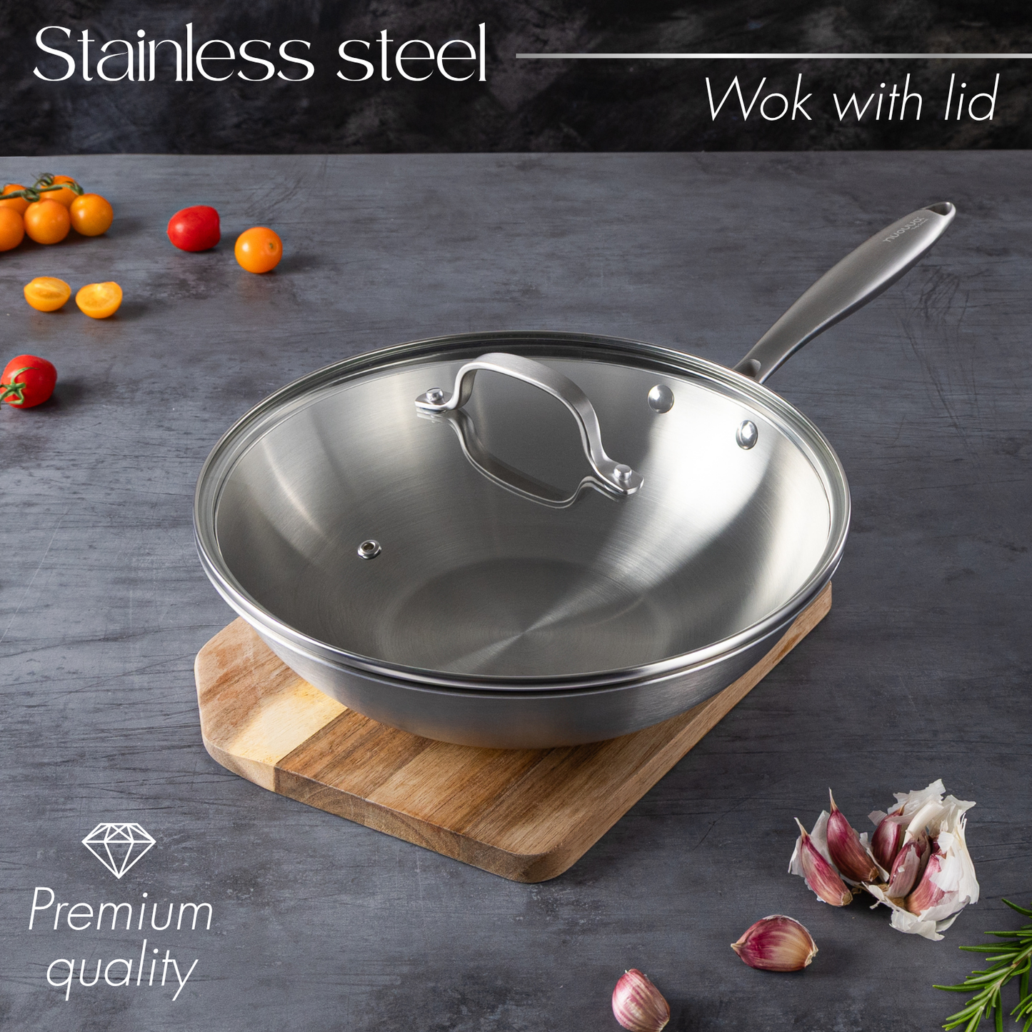 28cm Stainless Steel Non-Stick Wok with Glass Lid, Nuovva