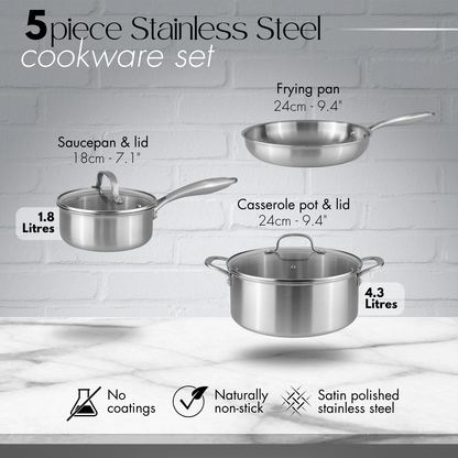 5-Piece Stainless Steel Cookware Set with Glass Lids, Nuovva