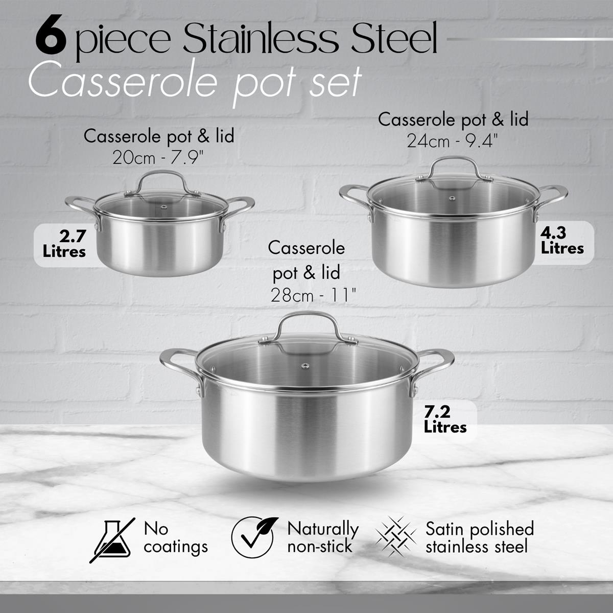 6-Piece Stainless Steel Casserole Set with Glass Lids, Nuovva