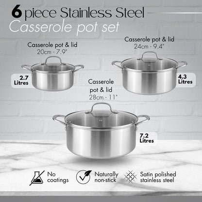 6-Piece Stainless Steel Casserole Set with Glass Lids, Nuovva