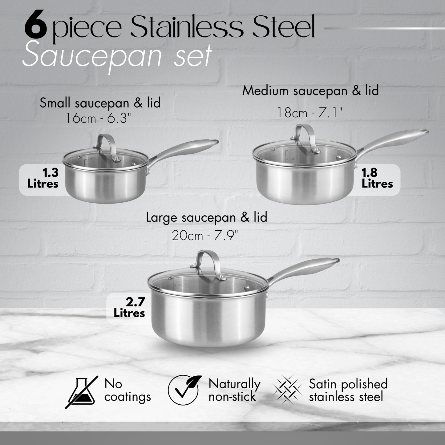6-Piece Stainless Steel Saucepan Set with Glass Lids, Nuovva