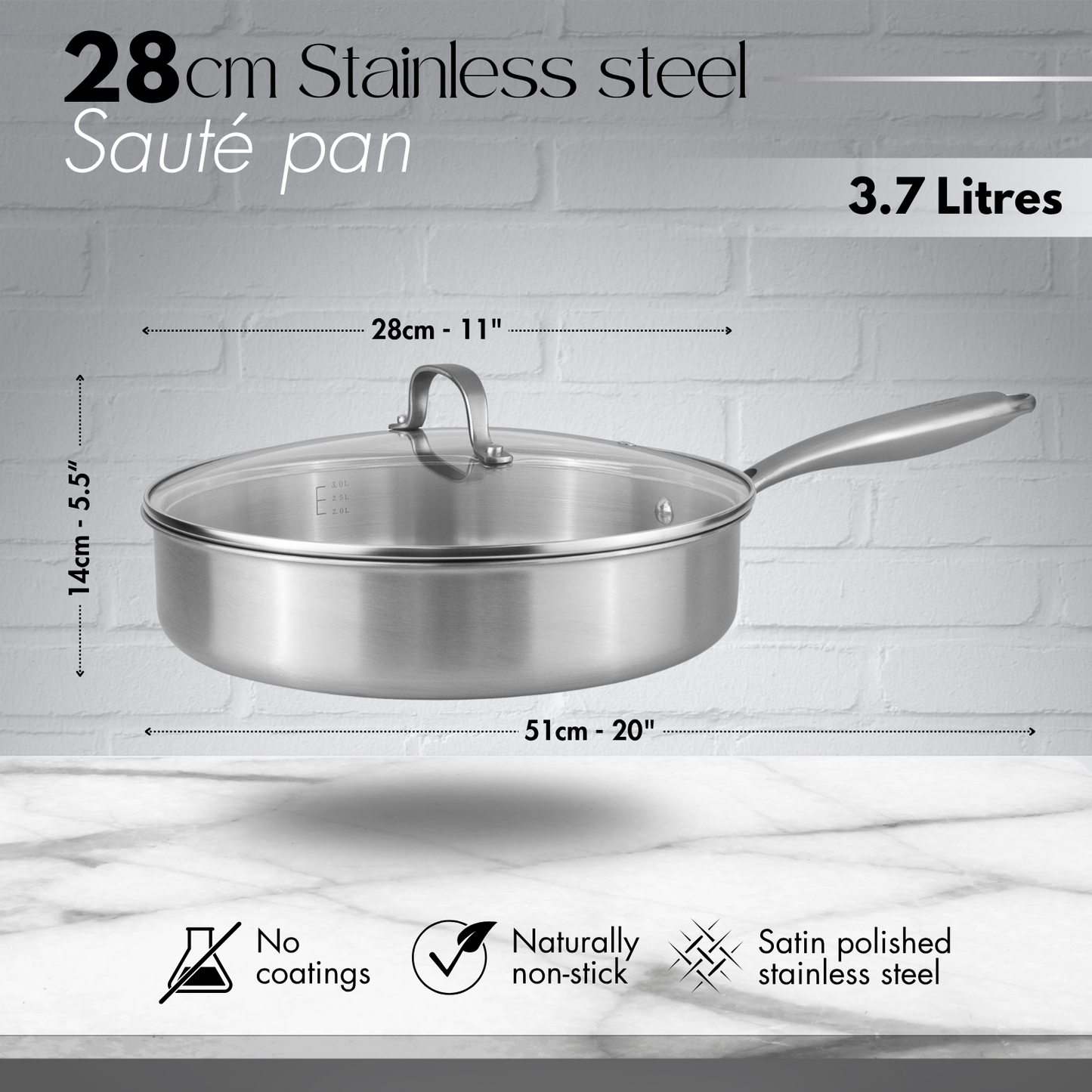 28cm Stainless Steel Sauté Pan with Glass Lid, Nuovva