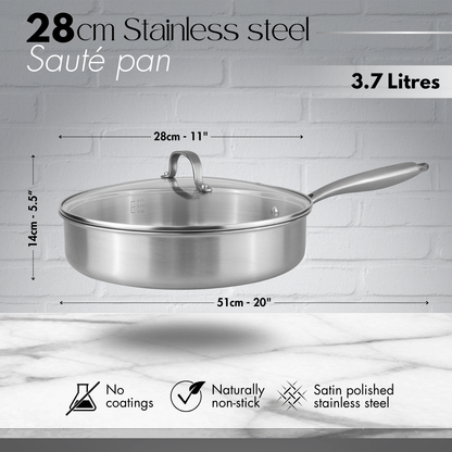 28cm Stainless Steel Sauté Pan with Glass Lid, Nuovva