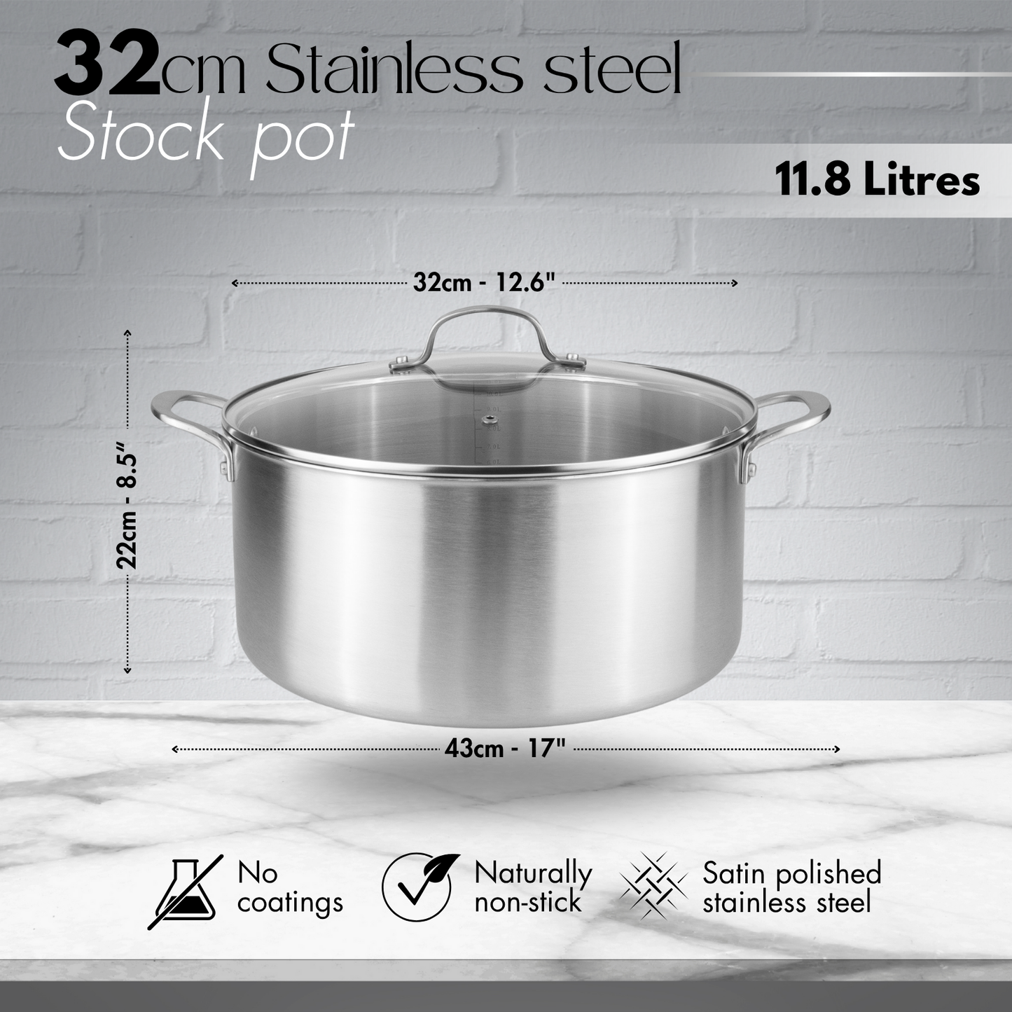 32cm Stainless Steel Stockpot with Glass Lid, Nuovva