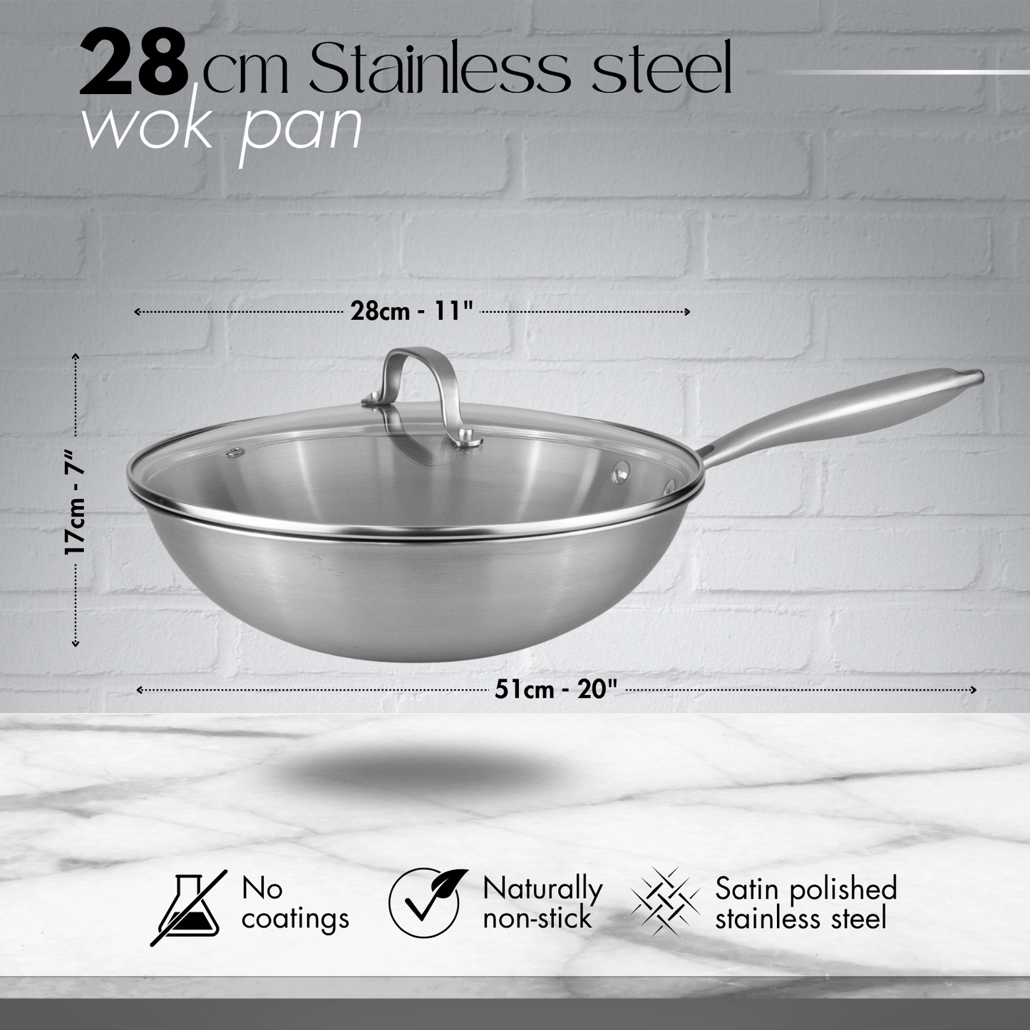 28cm Stainless Steel Non-Stick Wok with Glass Lid, Nuovva