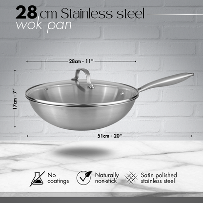 28cm Stainless Steel Non-Stick Wok with Glass Lid, Nuovva
