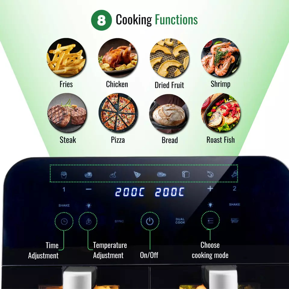 9L Dual Air Fryer Oven with 12 Preset Cooking Functions – 2400W, Nuovva